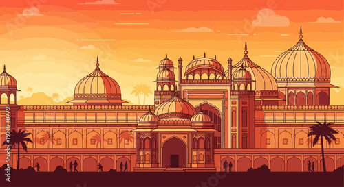 Ornate Indian palace with multiple domes and arches under a vibrant orange sunset sky, featuring intricate architectural details and silhouetted palm trees.