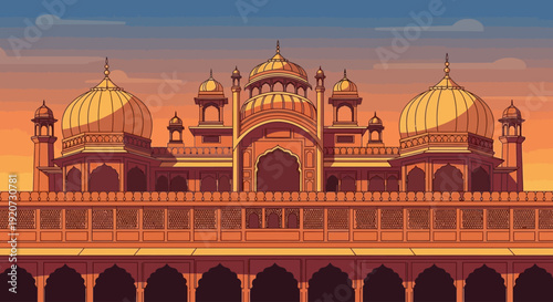 A pixel art illustration of a grand Indian palace or mosque with golden domes at sunset.
