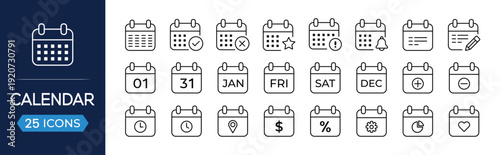 
Calendar icon set. Simple  Calendar planner web icon in line style. Schedule and reminder, date, day, months, appointment, agenda, planner.