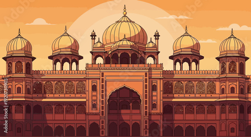 A detailed illustration of a grand Indian palace or mosque with multiple domes and arches under a warm sky.