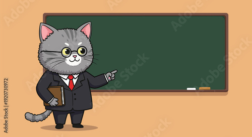 A cartoon cat in a business suit holds a book and gestures towards a blank green chalkboard in a classroom setting with a warm orange background.