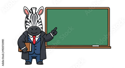 A cartoon zebra wearing a suit and tie stands beside a green chalkboard, holding a book and pointing with one hand in a business-like setting.
