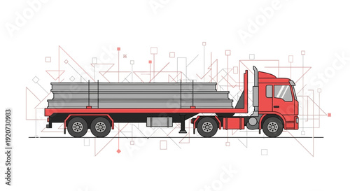 Industrial Flatbed Truck Hauling Metal Materials With Geometric Network Background Illustration