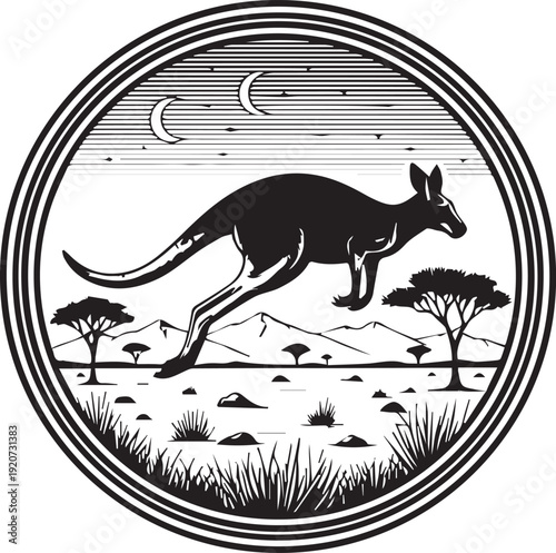 Australian Kangaroo Landscape Vintage Style Emblem