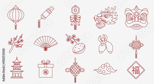 Set of red line icons for Chinese New Year and Lunar New Year celebrations