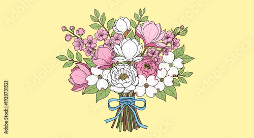 Illustration of a spring floral bouquet with pink and white flowers on a yellow background