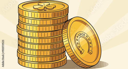 Golden coins with shamrock and horseshoe symbol for good luck and fortune