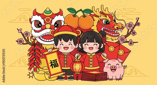 Children celebrate Chinese New Year with traditional symbols like dragon and lion dance.