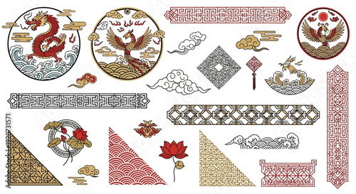 Set of traditional Chinese decorative elements including dragon, phoenix, and oriental patterns.
