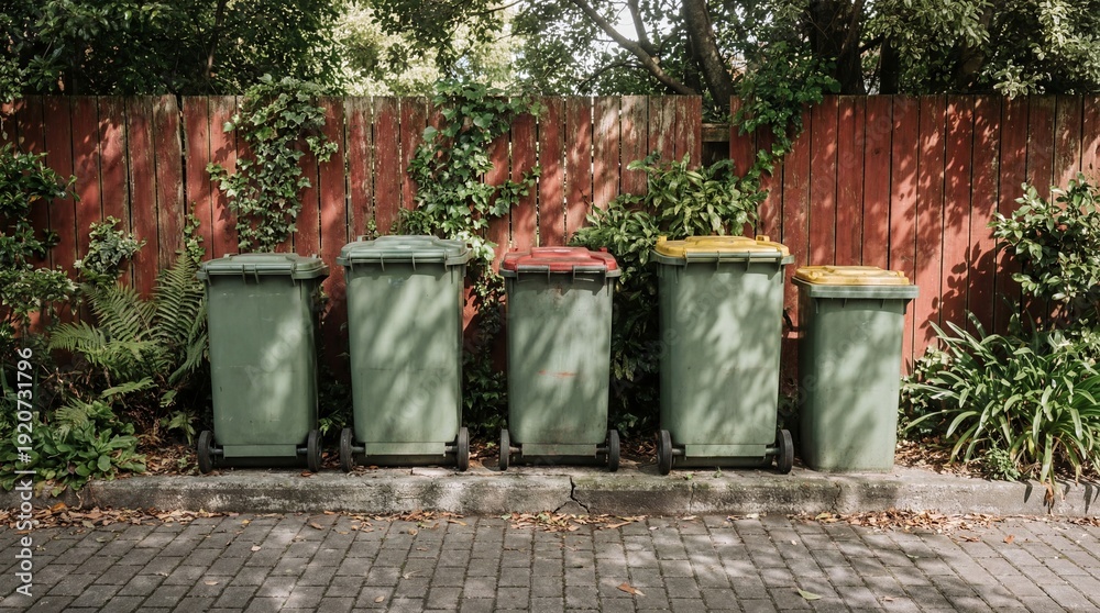 Obraz premium Four green waste bins with different colored lids standing in a row on a brick surface in front of a red wooden fence surrounded by lush greenery