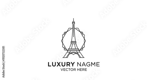 Minimalist Eiffel Tower Line Art Inside a Modern Geometric Frame on Isolated White Background
