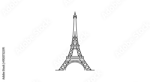 Classic Eiffel Tower Line Art Outline on Isolated White Background