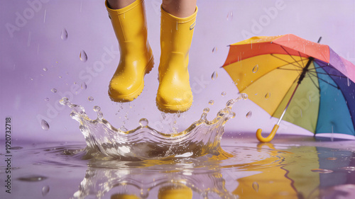 Wallpaper Mural Child jumping in rain puddle wearing yellow boots beside colorful umbrella. Spring equinox celebration through joyful outdoor play in wet weather. Renewal and fun in seasonal shower for kids Torontodigital.ca