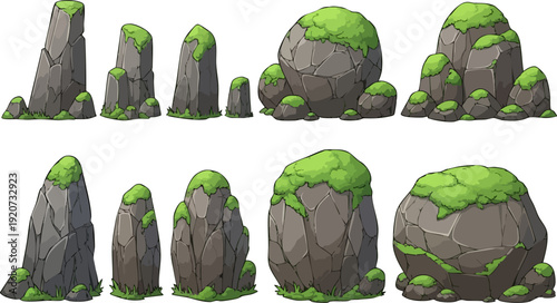 Cartoon style rock and stone vector collection. Includes boulders, pebbles, and jagged rocks covered in green moss. Created in a flat, shaded style with a grey and green palette.