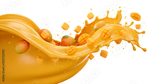 Fresh mango juice splash with fruit cubes and whole mangoes isolated on transparent background