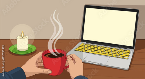 Person holding a steaming red coffee mug next to an open laptop with a blank screen and a lit candle on a green saucer. Cozy work from home scene with warm lighting.