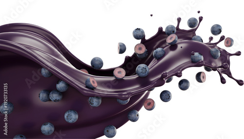 Dynamic splash of dark purple blueberry juice with fresh berries isolated on transparent background