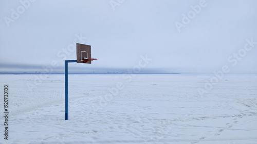 Bilde på lerret A solitary basketball hoop stands on a vast frozen, snow-covered plain