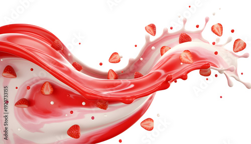 Fresh strawberry juice and milk splash with fruit pieces isolated on transparent background