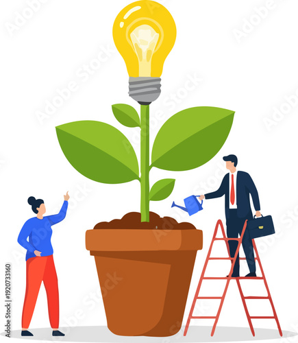 Business idea growth vector illustration. A man on a ladder waters a plant with a lightbulb, while a woman points, symbolizing innovation and development. Created in a flat cartoon style with a