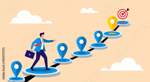 Businessman walking on a path of location pins towards a target, symbolizing career progression and business strategy. Vector illustration of a person achieving goals on a journey.