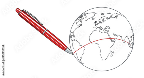 Red ballpoint pen drawing a line on a globe map illustration