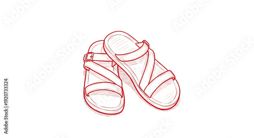 Red line art illustration of a p.air of casual summer sandals isolated on white