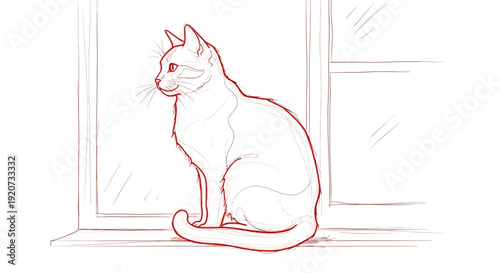 Red line art sketch of a cat sitting on a windowsill looking outside
