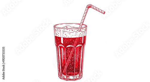 A hand-drawn illustration of a red fizzy drink in a glass with a striped straw.