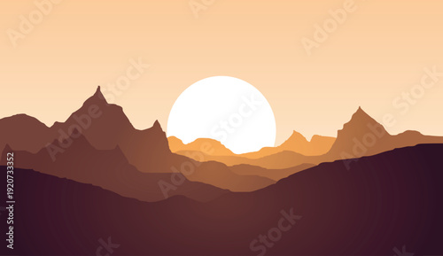 Sunrise over layered mountains, vibrant orange sky, serene minimalist landscape
