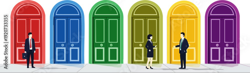 Business people standing in front of six colorful arched doors, representing choices, opportunities, and decision-making. This vector illustration features a businessman, a businesswoman