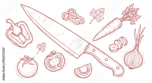Hand-drawn kitchen knife and fresh vegetables sketch illustration