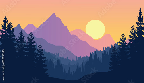 Majestic mountain sunrise with golden glow over pine forest landscape