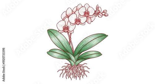 Det.ailed botanical illustration of a blooming orchid plant with roots.
