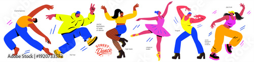 Dance and dancing people. Modern isolated vector illustrations of dance styles: contemporary, hip-hop, breakdance, high heels, classical ballet, vogue, and jazz funk on a transparent background 