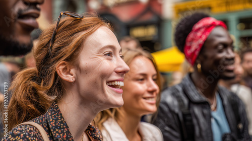 A group of diverse friends laugh and enjoy a vibrant city street scene, watching an outdoor event together. Warm expressions and lively urban atmosphere capture friendship, joy, and community spirit.
