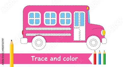 Pink school bus tracing outline activity for children.
