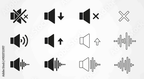 Speaker and volume control icon set featuring multiple audio level variations.