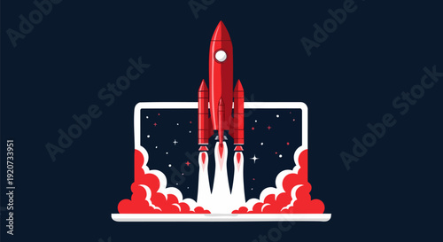 Red rocket launching from a laptop screen, symbolizing business startup, project launch, or technology innovation. Flat vector illustration with smoke trails on a dark blue background.