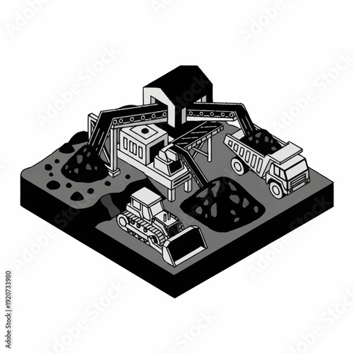 Isometric illustration of a mining operation with machinery and vehicles.