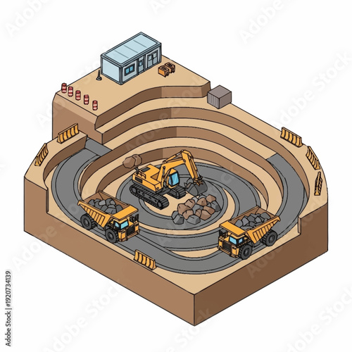 Isometric illustration of an open pit mine with excavator and dump trucks.