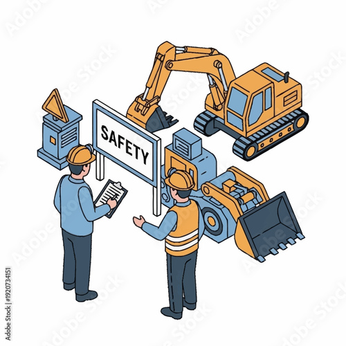 Construction workers discussing safety protocols near excavator machinery.