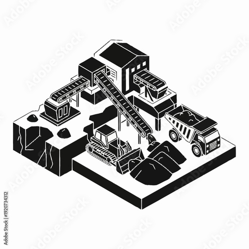 Isometric illustration of a mining site with machinery and infrastructure.