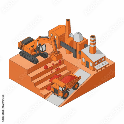 Isometric illustration of construction site with excavator and dump truck.