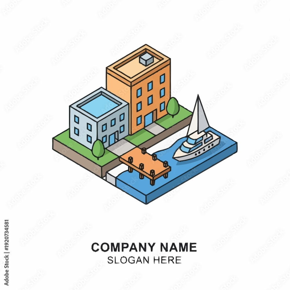 Fototapeta premium Isometric illustration of a modern office complex with a marina and sailboat.