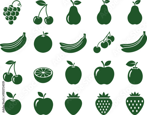 Collection of fresh fruits and berries in green color on transparent background