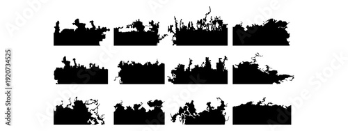 A set of black grunge bottom border textures featuring rough, and distressed abstract silhouettes. Ideal for poster layouts, overlays and creative graphic design projects.