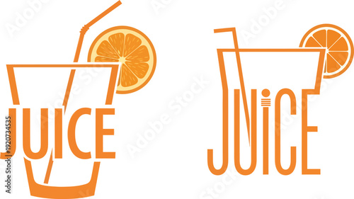 Creative text design forming word juice with orange slice and straw