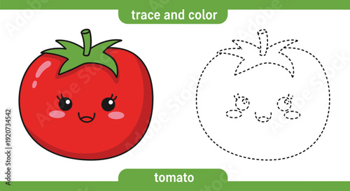 Cute cartoon tomato tracing worksheet for early learning.