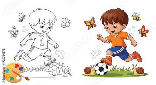 Boy plays with a soccer ball near snails and butterflies.